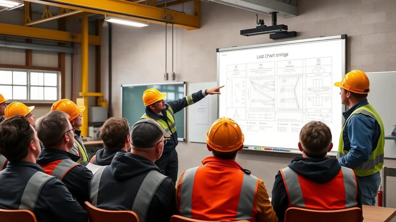 Group of crane operator trainees in a classroom watching an instructor at a whiteboard with load charts
