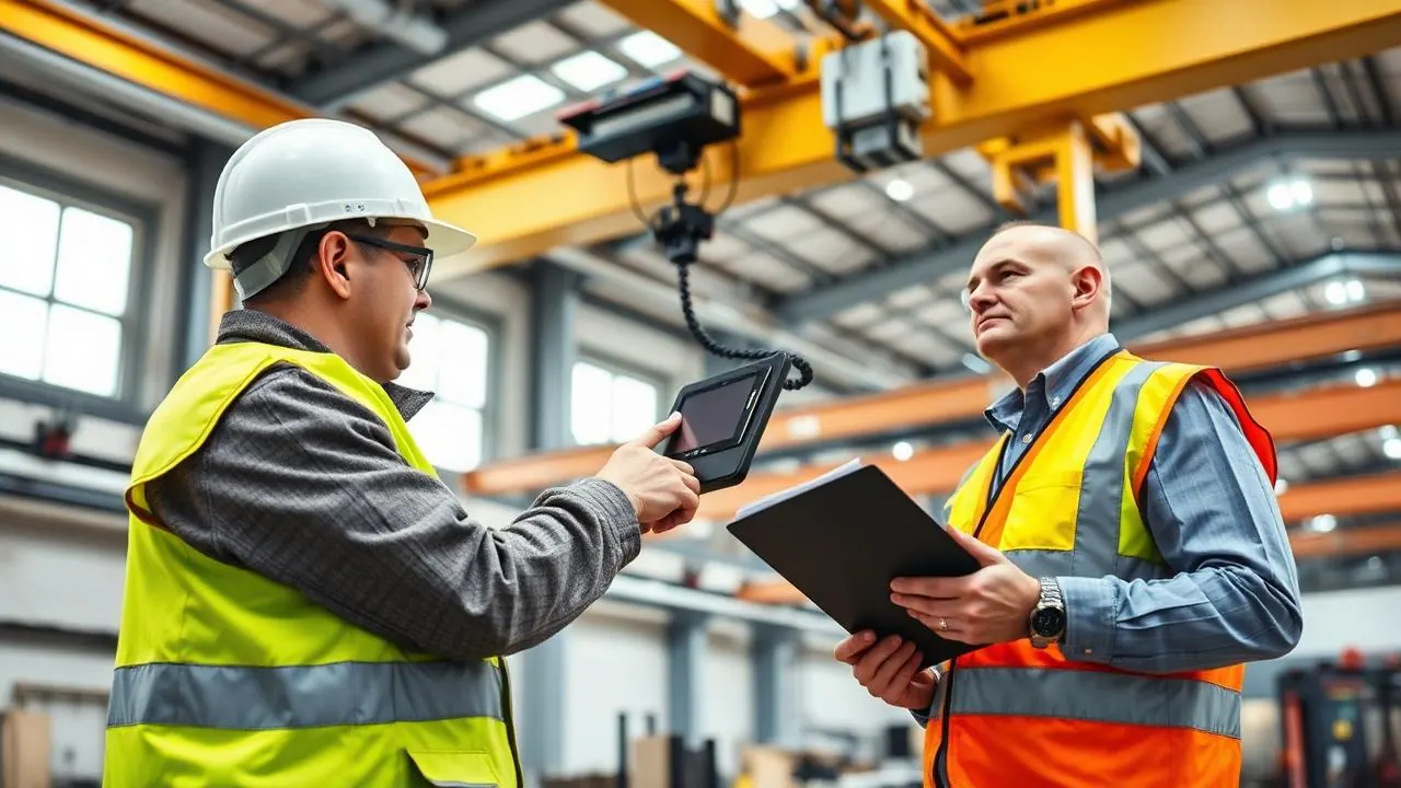 Overhead crane operator using a pendant control while a supervisor observes and documents the practical evaluation