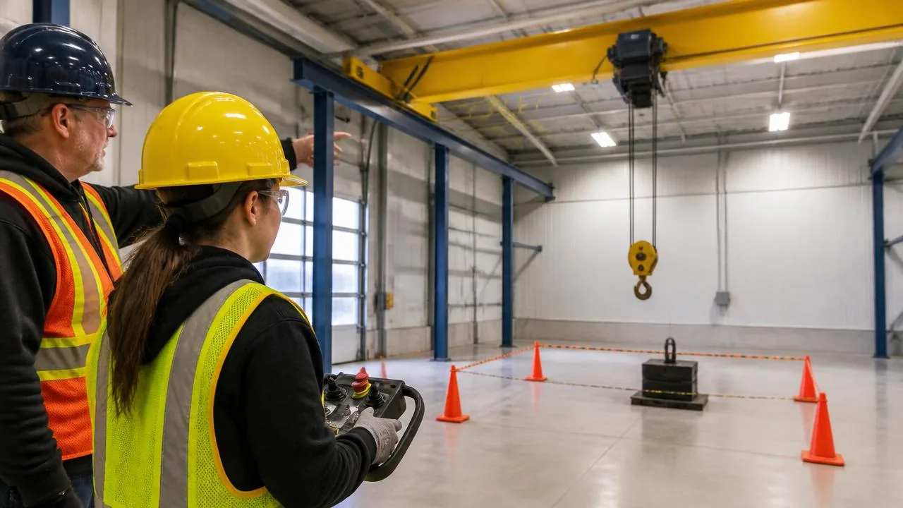 Rigger inspecting a sling and shackle connection beneath an overhead crane hook block before a lift