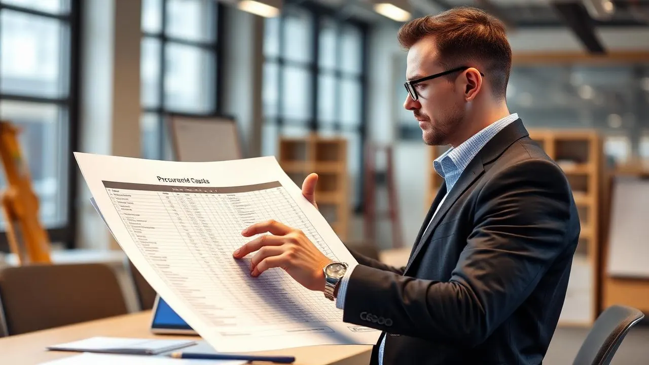 Procurement manager reviewing overhead crane bid documents with vendor comparison spreadsheets