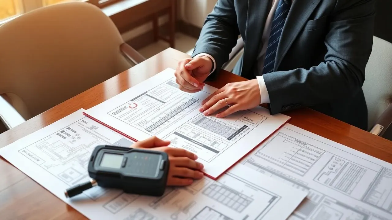 Overhead crane procurement contract with technical specifications and blueprints on a conference table