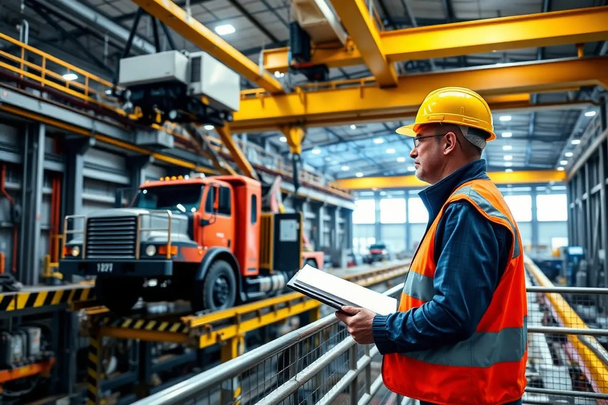 Reliability engineer with a clipboard inspecting an overhead crane runway and end truck from an elevated platform
