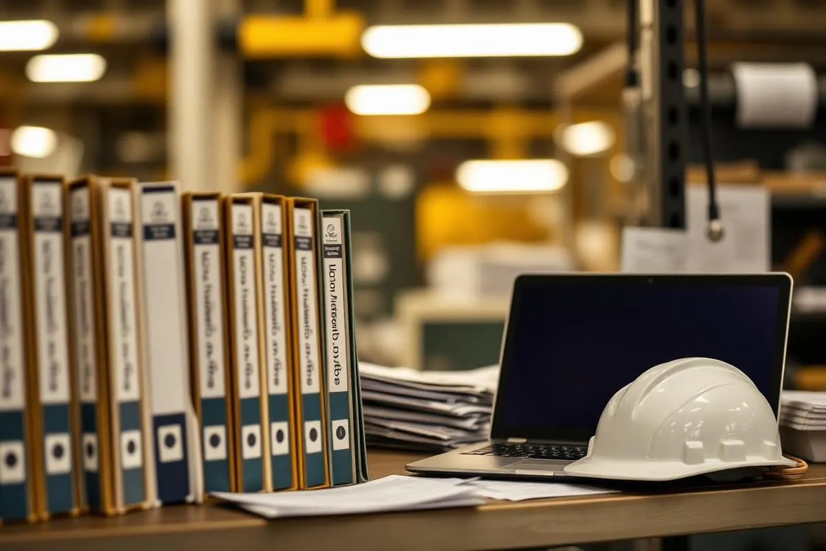 Maintenance record binders and a laptop in a plant maintenance office beside a hard hat