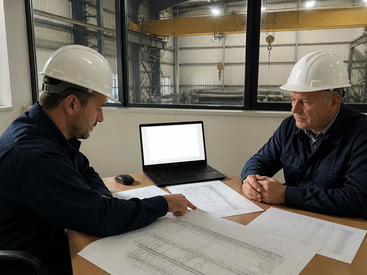 Reliability engineer and maintenance manager reviewing cost tables and crane arrangement drawings for a repair-versus-replace decision, with an overhead crane visible in the bay beyond