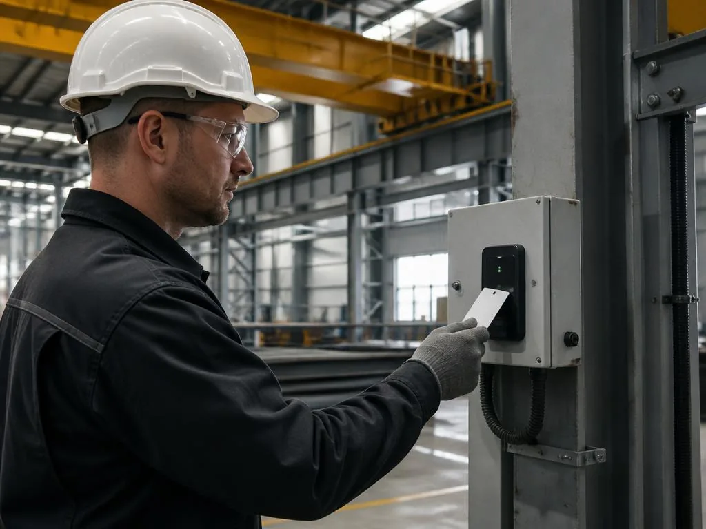 Industrial operator in hard hat tapping an RFID access card on a reader mounted to an overhead crane control station