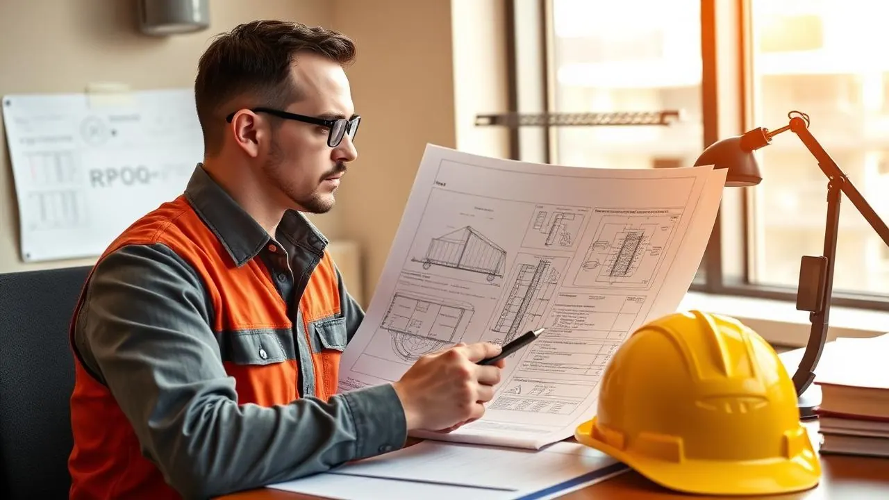 Engineer at desk reviewing overhead crane technical specification drawings and RFQ documents