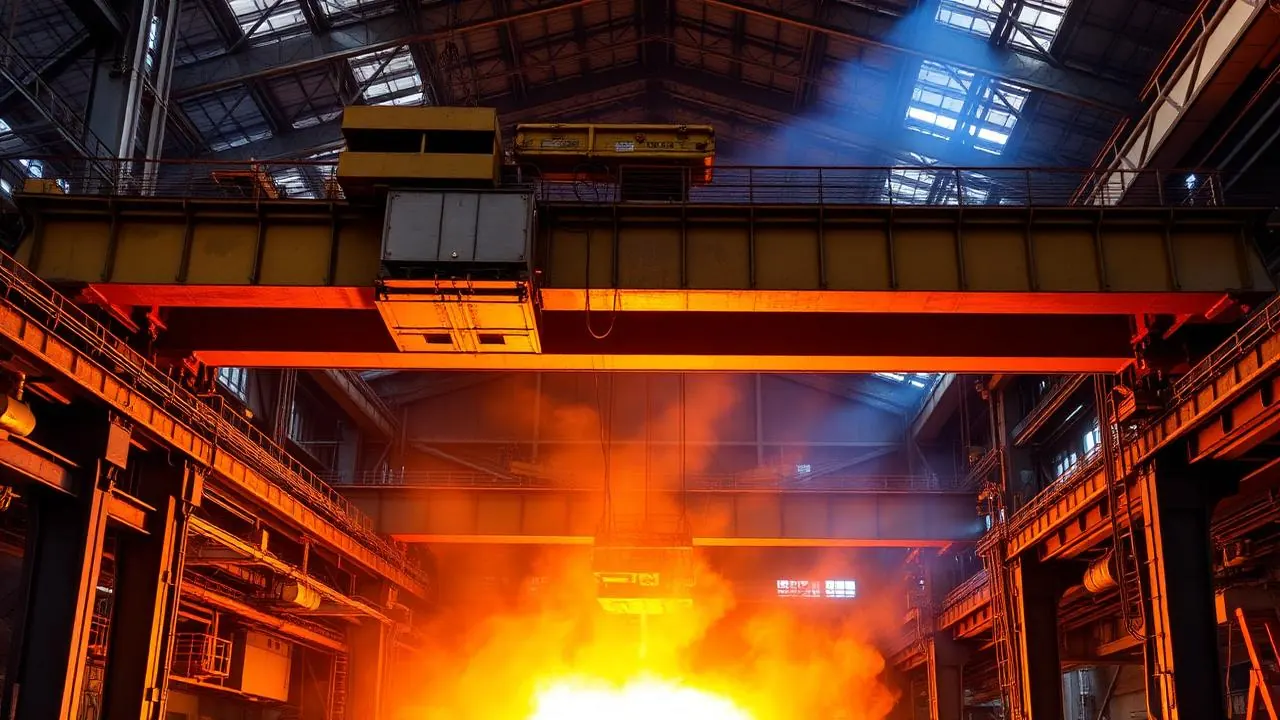 Heavy-duty double girder overhead crane in a steel mill hot metal service application