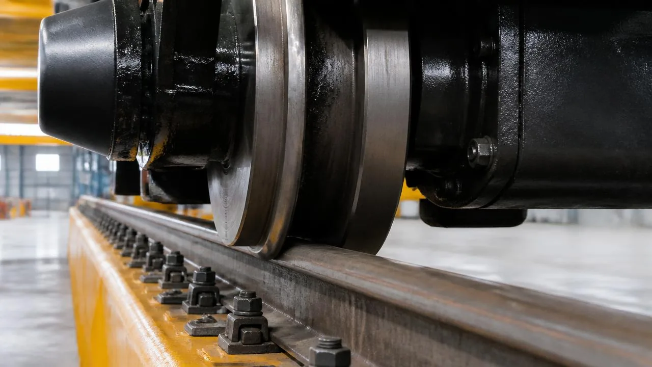 Close-up of a double-flanged crane end-truck wheel running centred on a runway rail secured to the girder with bolted rail clips