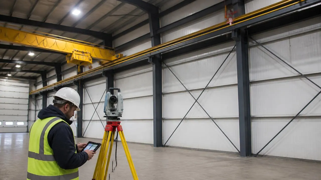 Survey technician using a robotic total station to measure crane runway rail alignment in a factory bay