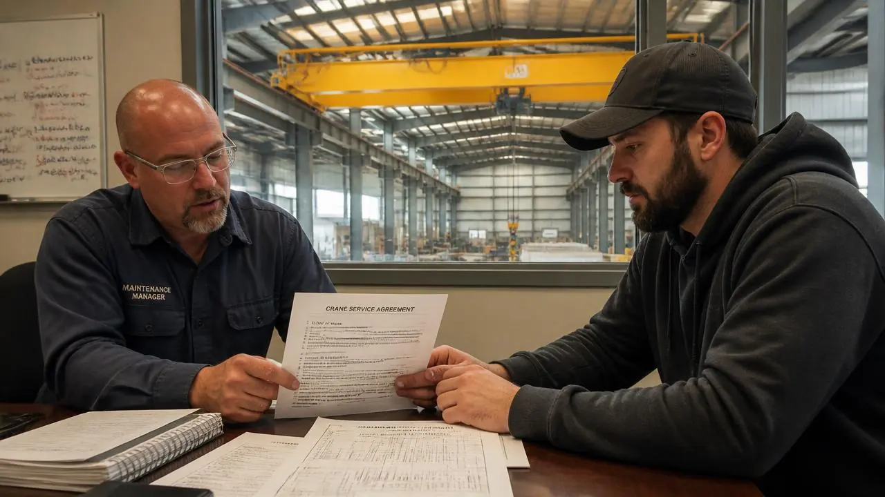 Facility maintenance manager and crane service contractor reviewing a crane service agreement in a plant office with an overhead bridge crane beyond the window