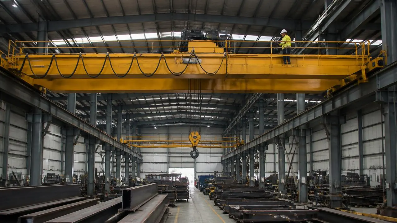 Technician on the walkway of a yellow double-girder overhead crane spanning runway rails in a steel fabrication plant