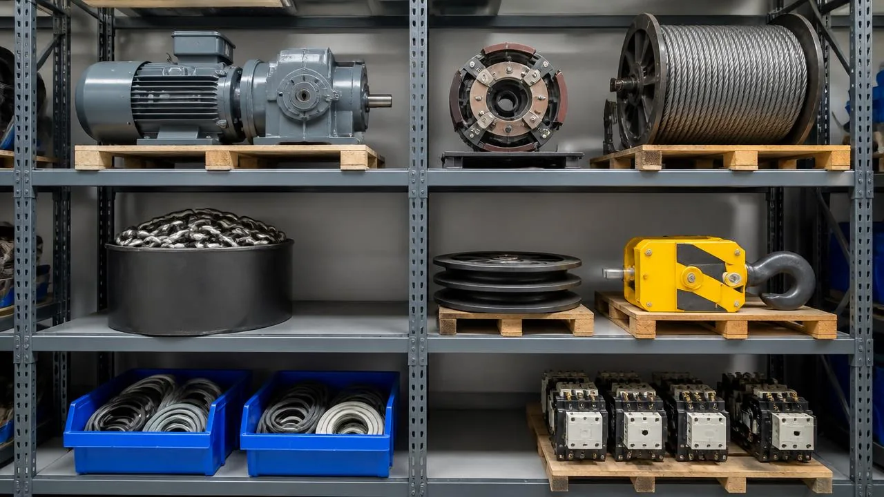 Organized industrial spare-parts warehouse shelves with hoist motors, brake assemblies and wire rope drums