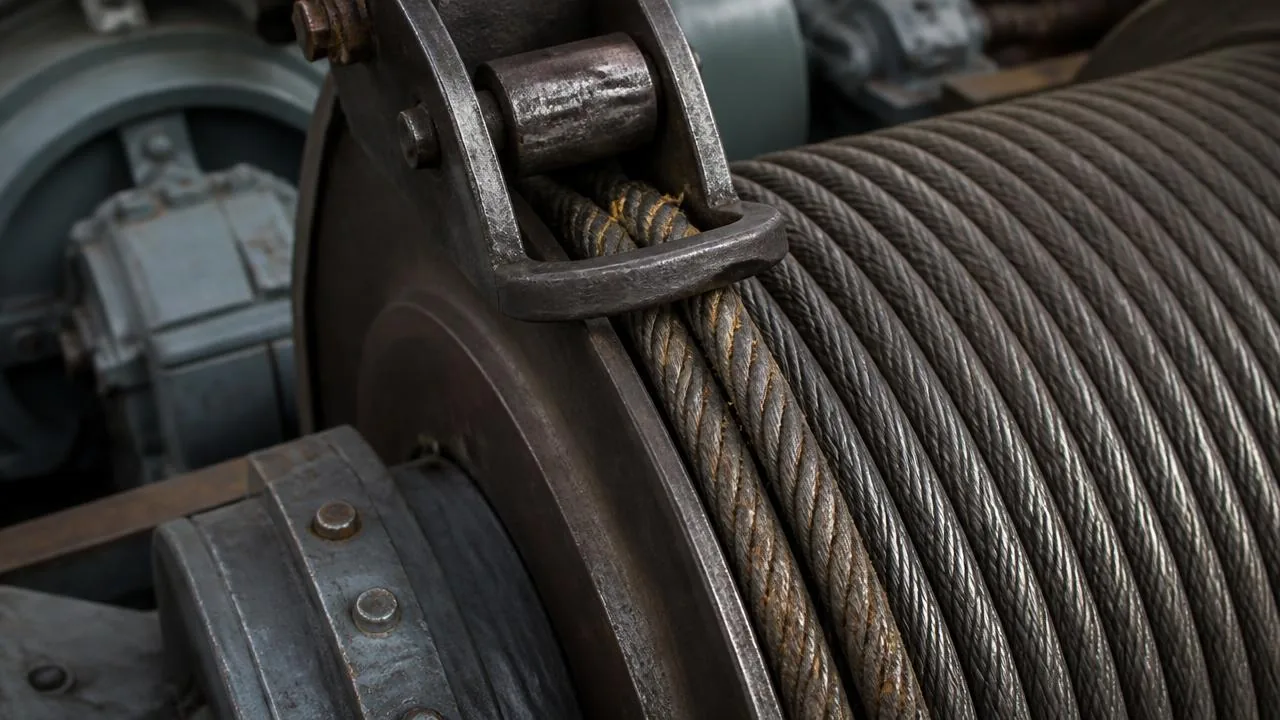 Close-up macro shot of a steel wire rope on a hoist drum showing wear and broken wires