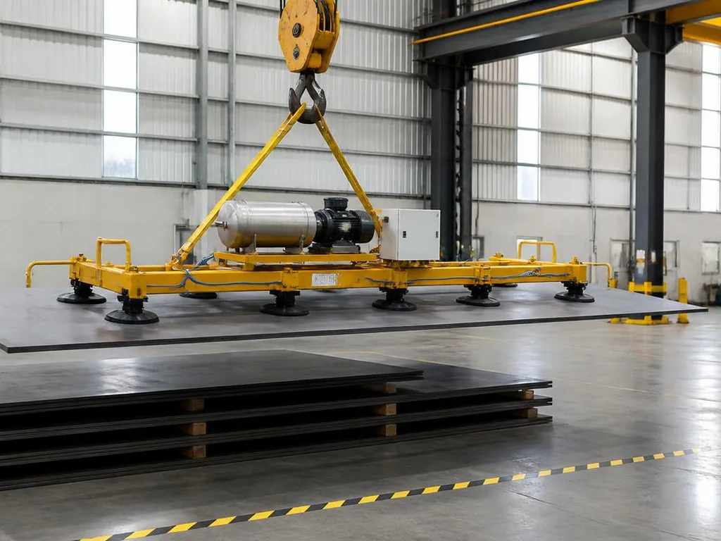 Overhead crane in a fabrication shop lifting a smooth steel plate with a vacuum lifter below-the-hook attachment