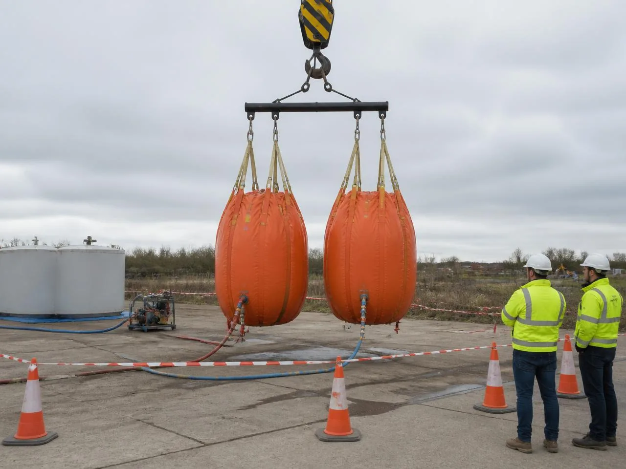 Stack of empty orange Water Weights proof-load bags on a shipping pallet ready for crane load testing