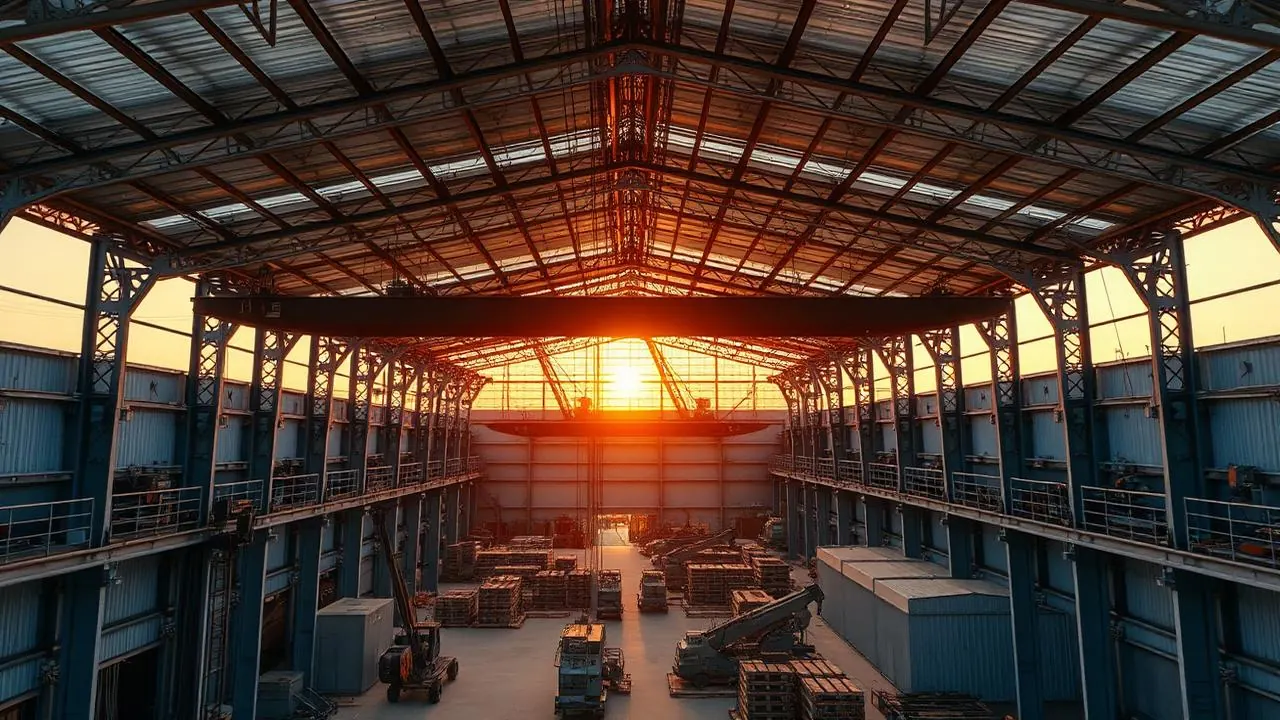 Aerial view of a large industrial facility with multiple overhead cranes at sunset