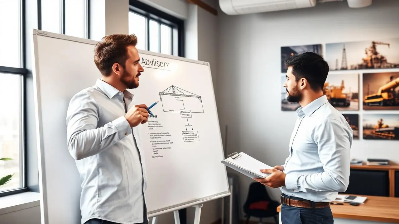 Consulting engineer at a whiteboard sketching a crane advisory decision tree with a colleague