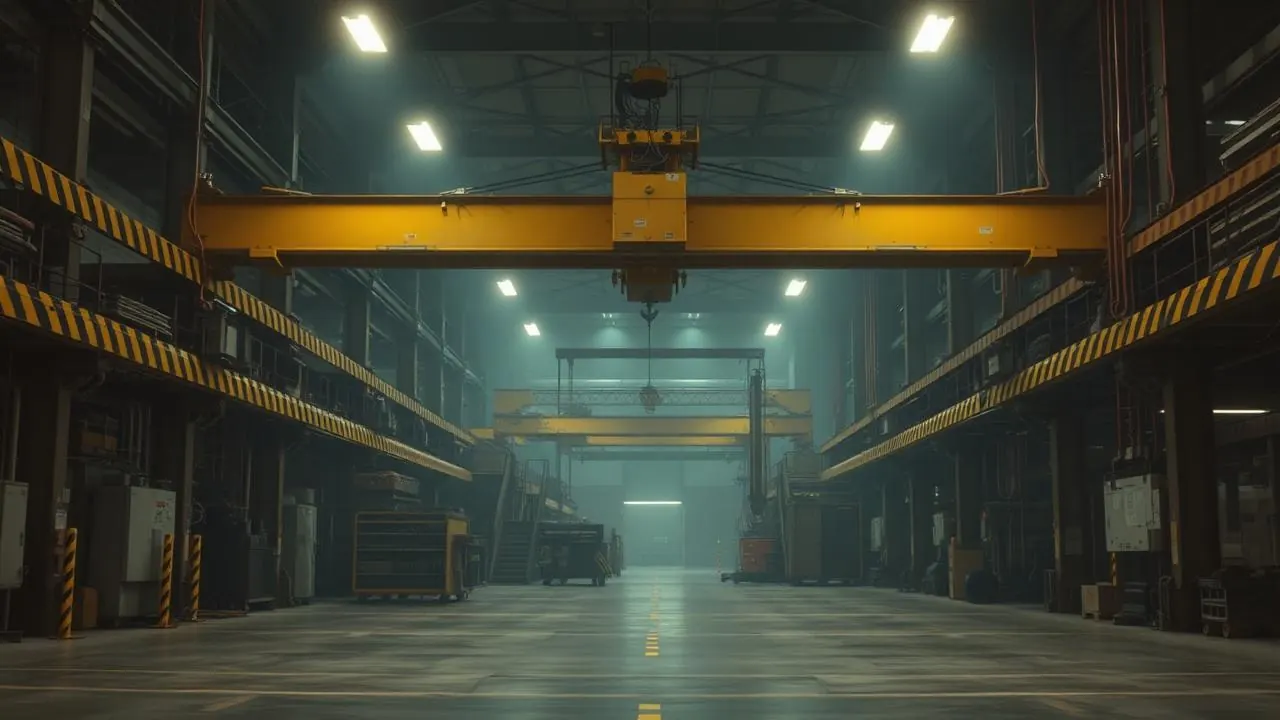Idle overhead crane in a shutdown factory with hazard tape marking unplanned downtime