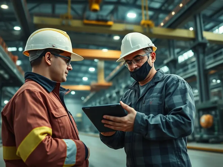 Maintenance team reviewing overhead crane reliability data in a production bay