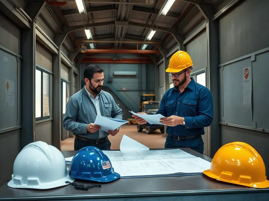 Consulting engineers reviewing overhead crane specification drawings on site
