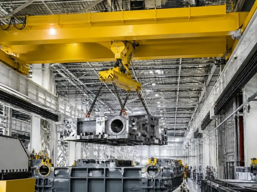 Overhead bridge crane above a manufacturing production line