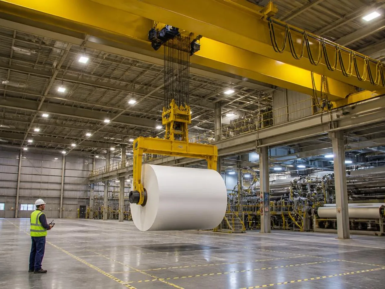 Roll-handling crane in a pulp and paper mill
